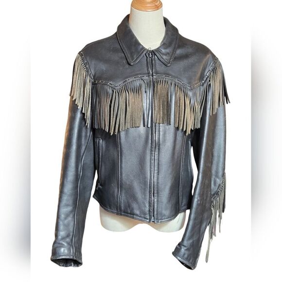 Easy Rider Vintage Heavy Black Leather Fringe Lined Jacket - Picture 1 of 12